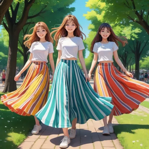 Prompt: Many anime girls wearing maxi long striped skirts.