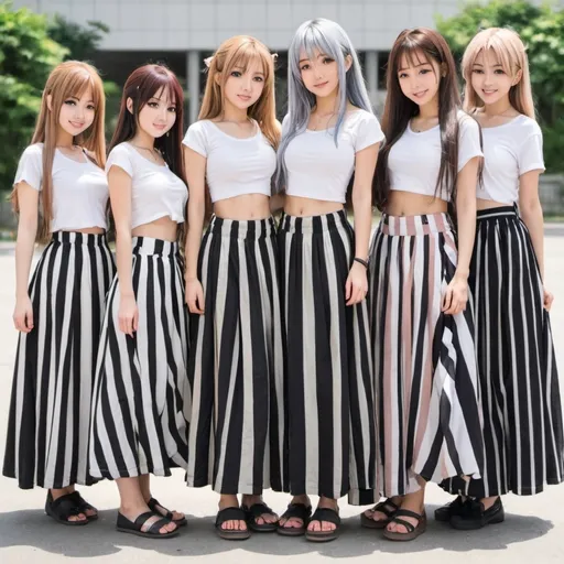 Prompt: Many anime girls wearing maxi long striped skirts.