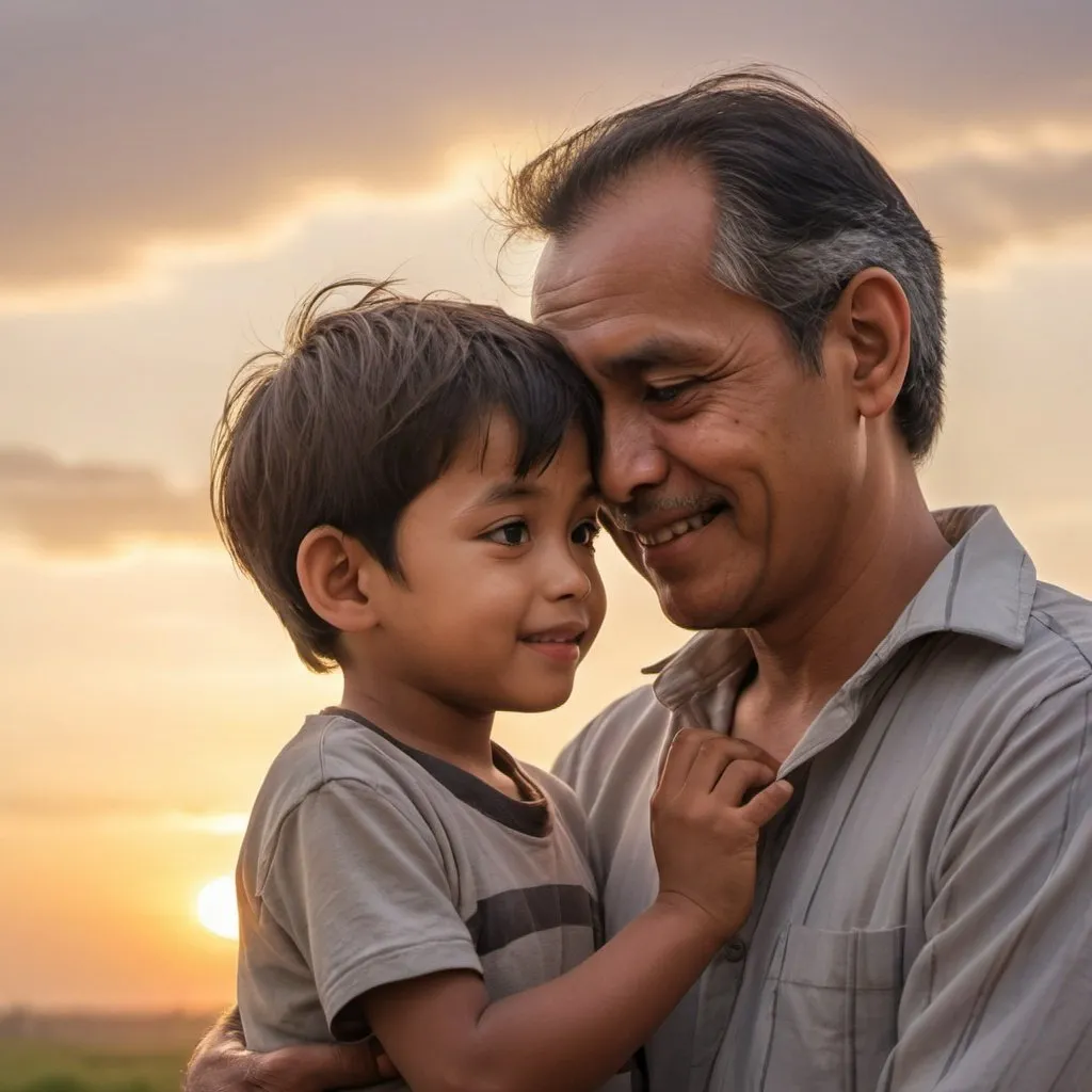 Prompt: Under the sunset-tinged afternoon sky, father and son stood together, creating a lively and warm picture. The pale yellow sunlight of the late afternoon shined on their faces, highlighting the father's gentle smile. His eyes sparkled as if they contained a treasure trove of memories, from his own childhood memories to present happy moments.

The little boy stood next to him, his big, round eyes full of innocence and curiosity. His soft hair blew gently in the breeze, and his rosy cheeks reflected the pure joy of childhood. He looked up at his father with eyes of admiration and absolute trust.

The father's large hand gently placed on his son's shoulder, conveying protection and boundless love. They laughed together, the sounds of joy and connection mingling in the quiet space of the late afternoon. Every gesture, every look contains a strong connection and deep emotions, creating a scene full of nostalgia and emotion.

In this moment, the two seemed to forget all the worries of life, leaving only father-son love and simple happiness. These are the memories that will forever be engraved in the soul, a solid foundation for love and growth for your son in the future.