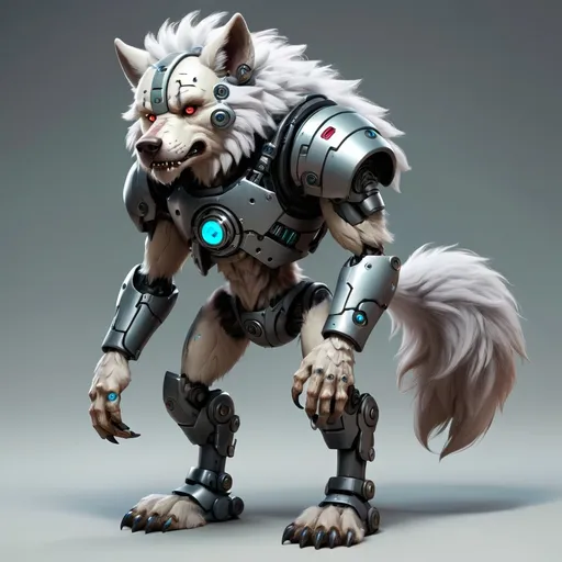 Prompt: sad fluffy werwolf cyborg full body