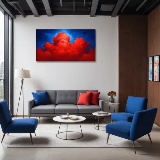 Prompt: a bright red and royal blue cloud painting displayed on the wall of in a modern architectural space --v 5