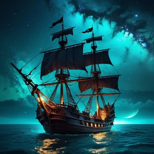 Prompt: (Pirate ship sailing into a bioluminescence sea with a galaxy in the sky) , epic, 4k, ultra,