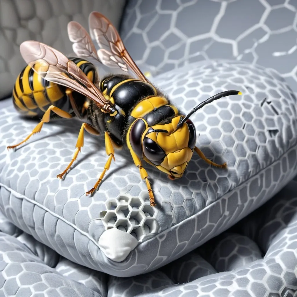 Prompt: A wasp is laying down to sleep on a single plush pillow.   The pillow has an indentation from the weight of the wasp.  the pillow is white.  There is a trail off Zs drifting up from the wasp’s head to indicate it is sleeping.  The background is a grey honeycomb pattern