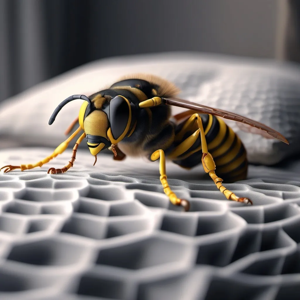 Prompt: A wasp is laying down to sleep on a single plush pillow.   The pillow has an indentation from the weight of the wasp.  the pillow is grey.   The background is a grey honeycomb pattern