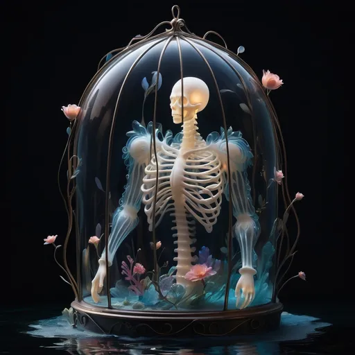 Prompt: a human ribcage made of glass, small airy and whimsical shapes flowing on the inside, and the cage hovers over a dark body of water.