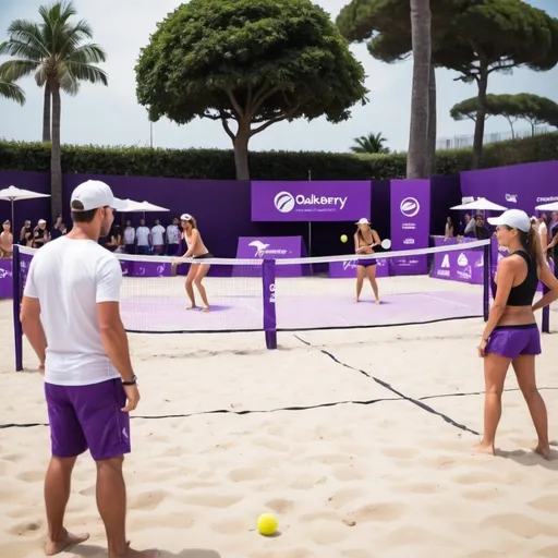 Prompt: arena de beach tennis com evento de acaí da marca oakberry com purple color

