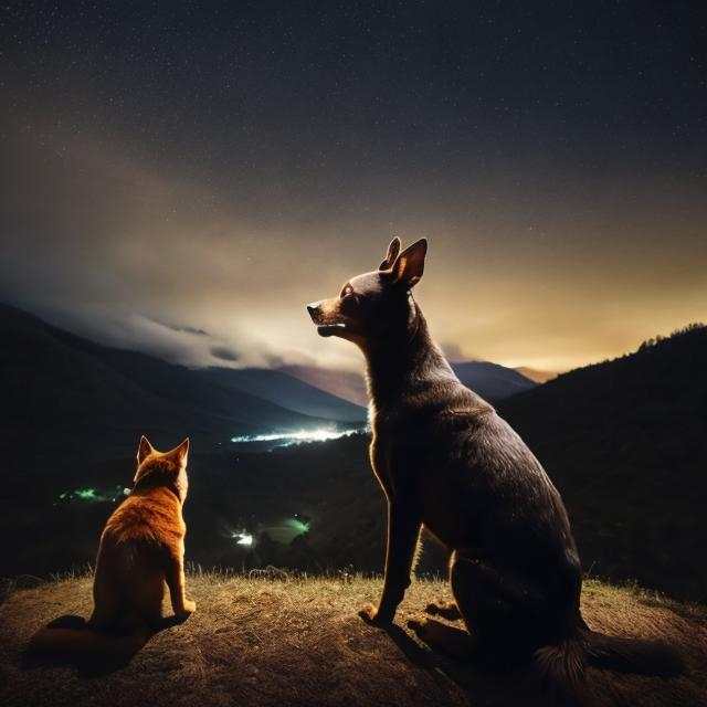 Prompt: brown kelpie dog looking at a beautiful mountain at night with a cat and its raining realistic


