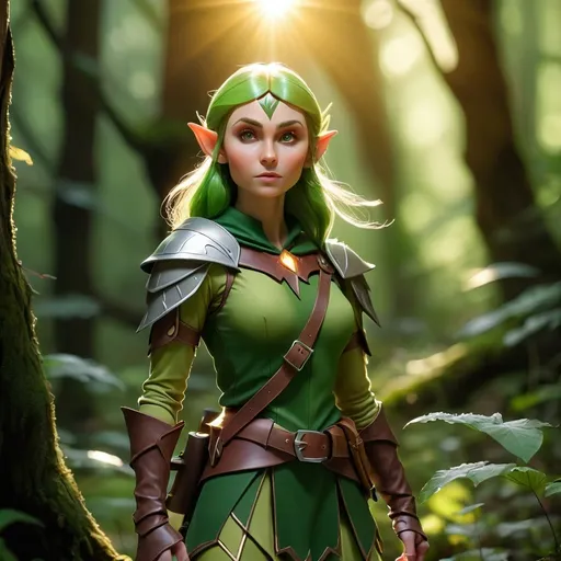 Prompt: Elf ranger in a mystical forest around sunlight