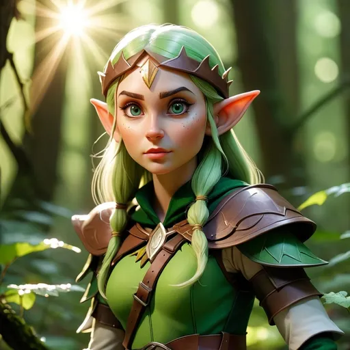 Prompt: Elf ranger in a mystical forest around sunlight