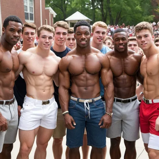 Prompt: A black muscle stud surrounded by college frat jocks