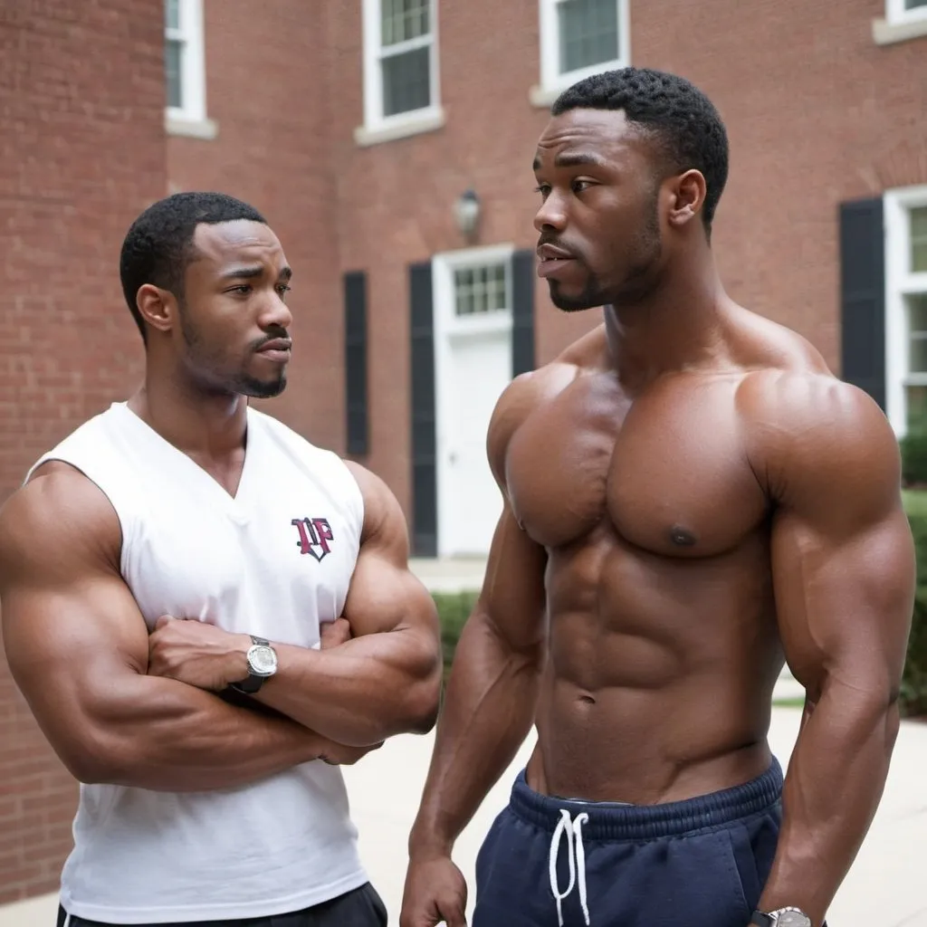 Prompt: A black muscle stud looking longingly at a white frat jock