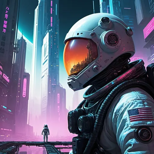 Prompt: Cyberpunk art astronaut future city scifi poster art

