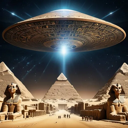 Prompt: Create an enigmatic scene reminiscent of ancient Egyptian hieroglyphics, where mysterious extraterrestrial visitors interact with ancient Egyptians and their monumental structures. Depict UFOs hovering ominously above the pyramids, emitting otherworldly beams of light that illuminate the night sky. Incorporate intricate hieroglyphic inscriptions that hint at a cosmic connection between the alien visitors and the Pharaohs, conveying a sense of awe and wonder at the intersection of ancient civilization and advanced extraterrestrial technology. Strike a balance between the iconic imagery of ancient Egypt and the futuristic elements of alien visitation, ensuring that the composition feels both surreal and grounded in history. Emphasize the enigmatic nature of the encounter, leaving room for interpretation and speculation about the true origins of Egypt's ancient mysteries.