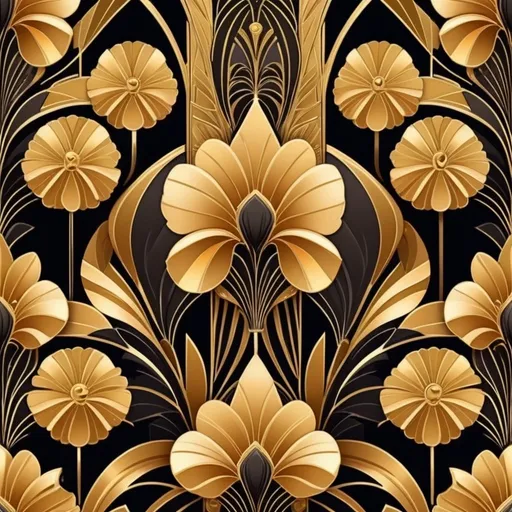 Prompt: Art Deco style illustration of vibrant flowers, rich gold and black colors, luxurious and elegant design, intricate geometric patterns, high quality, detailed petals, elegant art deco style, opulent, ornate, luxurious, vibrant colors, detailed composition, botanical art, golden hues, professional, stylish lighting