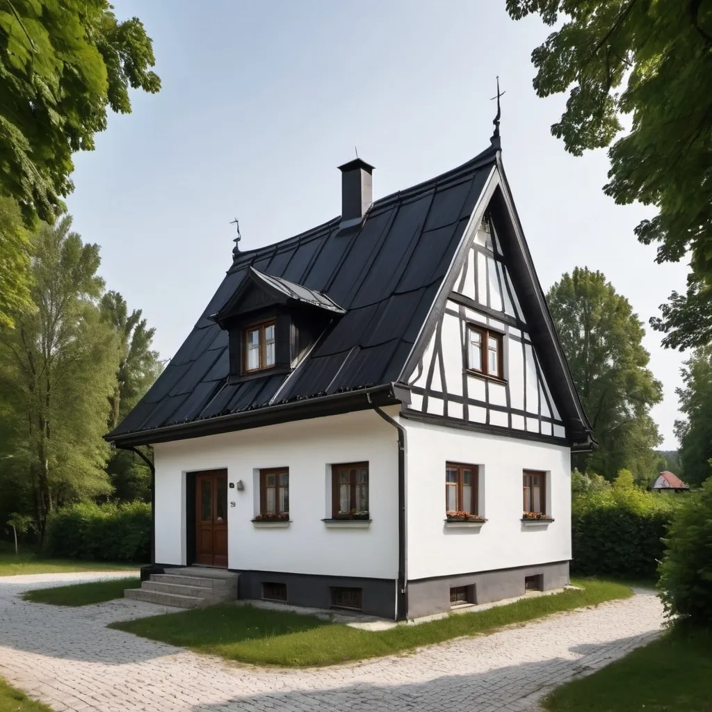 Prompt: 
A traditional Polish house with a black roof and white facade. The house features a gable roof.