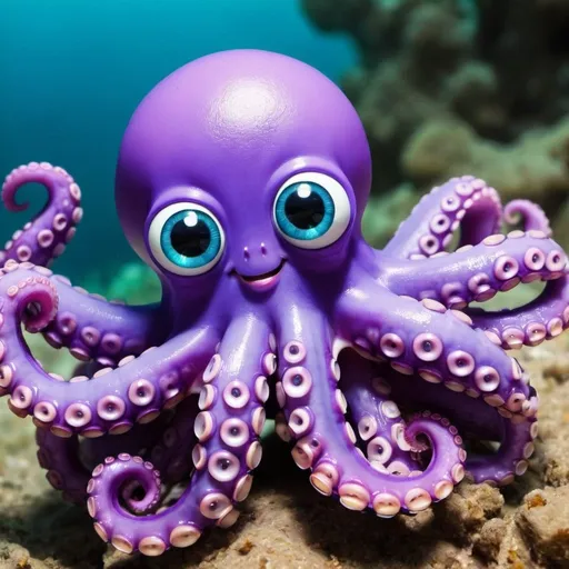 Prompt: make a beautiful octopus. his 8 arms must be visible. the color must be violet. he has cute blue eyes. he is smiling and looking at the camera