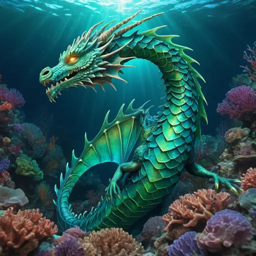 Prompt: create a sea dragon that has orb on top of it head
