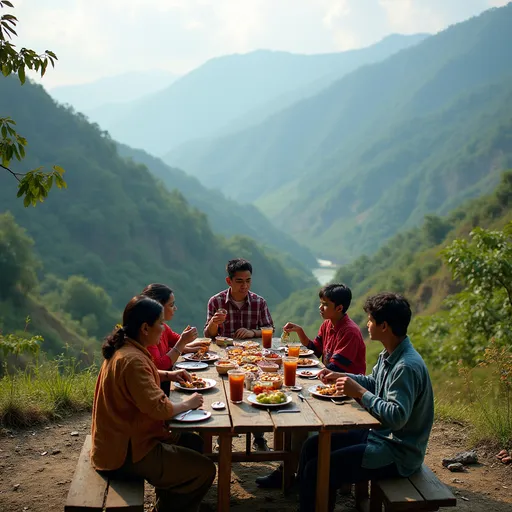 Prompt: I want to make a picture where a family is having breakfast at an open table on the top of the mountain in Sajek Valley and the beauty around is extraordinary. The picture must be a view of Sajek Valley. The image must be related to the culture of Bangladesh.