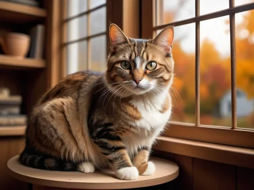 Prompt: a cat is sitting in a cat tree looking out the window at the camera man and the cat is looking out the window, Felix Octavius Carr Darley, assemblage, rounded eyes, a jigsaw puzzle