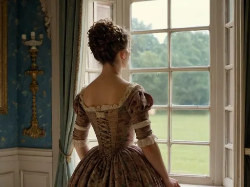 Prompt: a woman in a dress standing in a room with a window and a space theme behind her, looking at something, Cassandra Austen, rococo, back view, a flemish Baroque