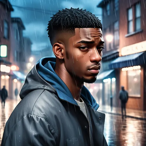 Prompt: (lofi hip hop album cover), (sad black man), rain falling softly, melancholic vibe, muted colors with blue and gray tones, cozy urban setting, soft lighting casting shadows, comforting and introspective atmosphere, urban background with blurred lights, vintage aesthetic, calming yet somber, detailed expressive facial features, high quality 4K image.