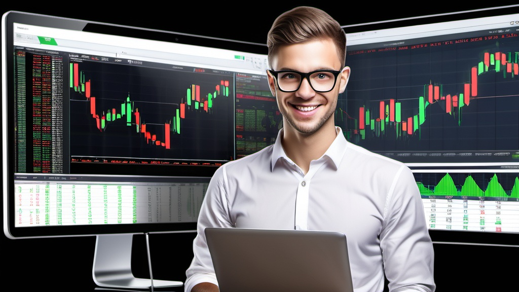 Prompt: A confident individual with a determined smile, holding a laptop in one hand that displays a detailed forex trading chart. The person is pointing at the screen with their other hand. The background is filled with faint but clear forex trading charts and dollar symbols subtly integrated into the design. The overall setting is bright and professional, symbolizing success and profitability in forex trading. In bold text overlay, ‘Make Money with Me’ appears prominently in green, representing financial growth and opportunity.