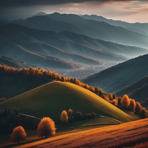 Prompt: A magnificent view of hills without any buildings in the evening after raining 
And it is autumn and more mountains are seen