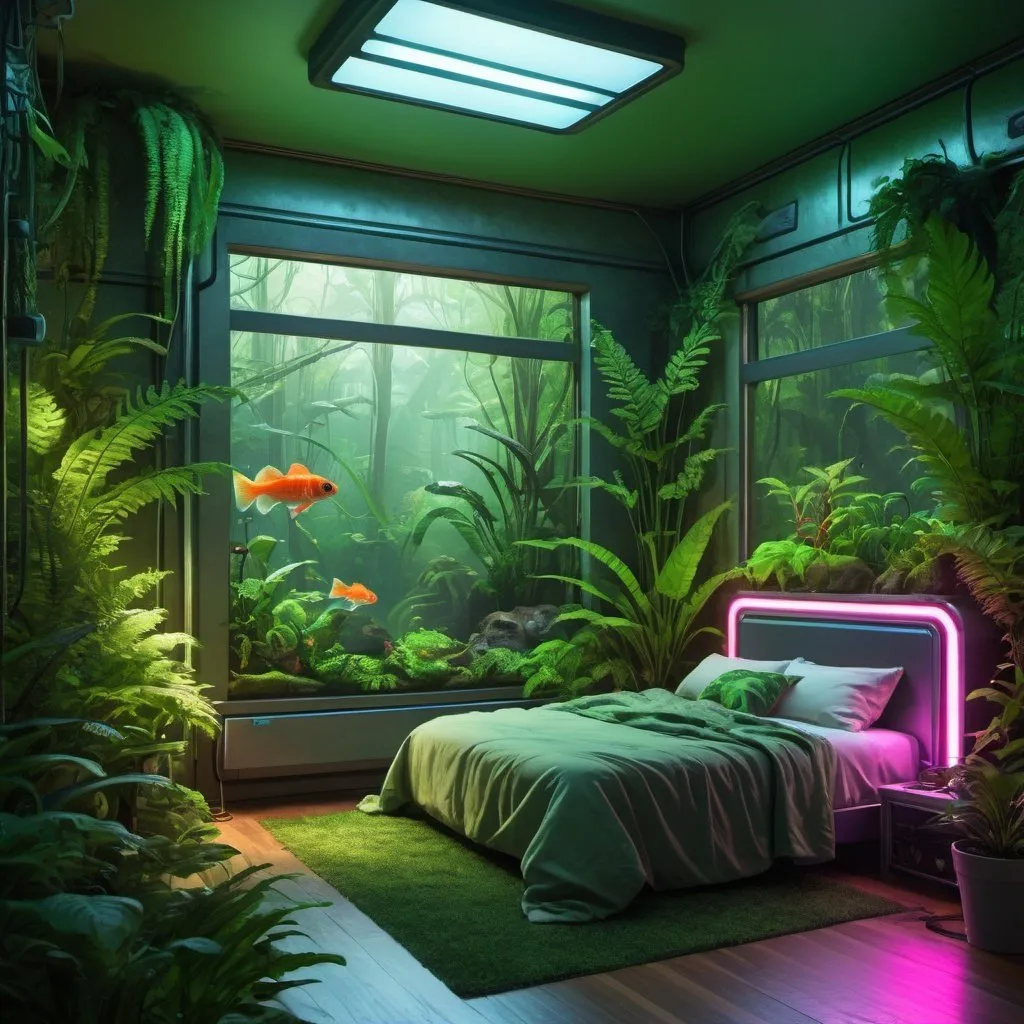 Prompt: 10x12 bedroom with jungle-themed 3x4 window, fish tank with beta and rainforest frog, fern plants, neon lighting, futuristic jungle vibe, highres, ultra-detailed, futuristic, jungle theme, fish tank, rainforest frog, fern plants, neon, detailed interior, cozy atmosphere