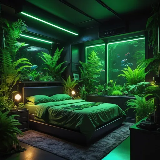 Prompt: 10x12 bedroom with jungle-themed 3x4 window, fish tank with beta and rainforest frog, fern plants, neon lighting, futuristic jungle vibe, highres, ultra-detailed, futuristic, jungle theme, fish tank, rainforest frog, fern plants, neon, detailed interior, cozy atmosphere. Less grandma vibes more green and black decor 