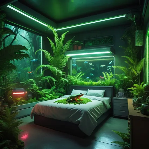 Prompt: 10x12 bedroom with jungle-themed 3x4 window, fish tank with beta and rainforest frog, fern plants, neon lighting, futuristic jungle vibe, highres, ultra-detailed, futuristic, jungle theme, fish tank, rainforest frog, fern plants, neon, detailed interior, cozy atmosphere