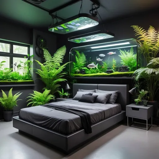 Prompt: Futuristic jungle themed bed room with fish tanks plants fern plants black and gray decor with neon