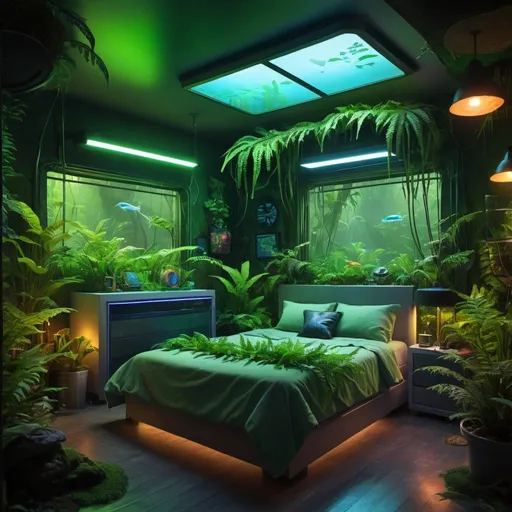 Prompt: 10x12 bedroom with jungle-themed 3x4 window, fish tank with beta and rainforest frog, fern plants, neon lighting, futuristic jungle vibe, highres, ultra-detailed, futuristic, jungle theme, fish tank, rainforest frog, fern plants, neon, detailed interior, cozy atmosphere