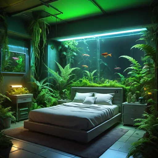 Prompt: 10x12 bedroom with jungle-themed 3x4 window, fish tank with beta and rainforest frog, fern plants, neon lighting, futuristic jungle vibe, highres, ultra-detailed, futuristic, jungle theme, fish tank, rainforest frog, fern plants, neon, detailed interior, cozy atmosphere