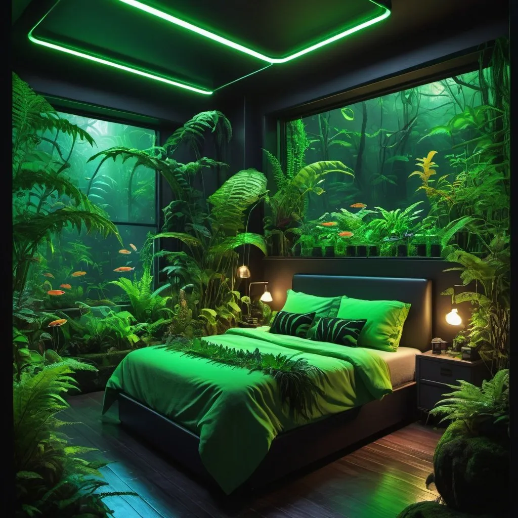 Prompt: 10x12 bedroom with jungle-themed 3x4 window, fish tank with beta and rainforest frog, fern plants, neon lighting, futuristic jungle vibe, highres, ultra-detailed, futuristic, jungle theme, fish tank, rainforest frog, fern plants, neon, detailed interior, cozy atmosphere. Less grandma vibes more green and black decor 