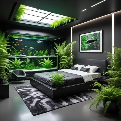 Prompt: Futuristic jungle themed bed room with fish tanks plants fern plants black and gray decor