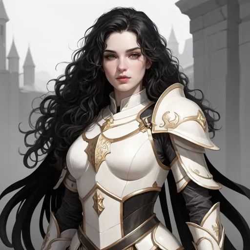 Prompt: pale  white skin, black wavy hair, paladin, assimar artwork, female