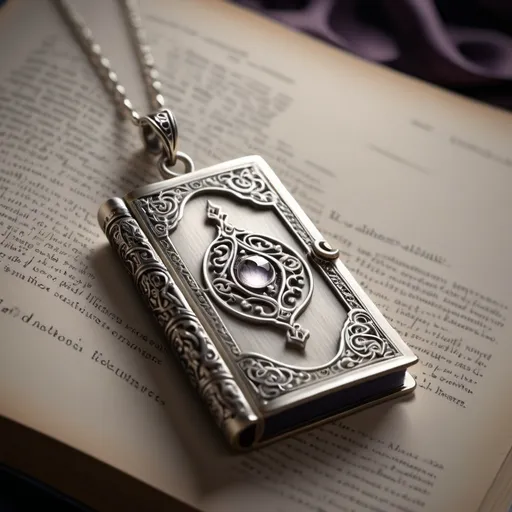 Prompt: (Silver amulet necklace with a book-shaped charm which is open), ultra-detailed, high resolution, intricate design, glimmering silver, fine engravings, delicate chain, the book pages fluttering softly, glowing aura from the charm, ethereal, mystical atmosphere, cinematic quality, deep contrasts, light reflections, velvety shadows, elegant background with subtle patterns, fantastic, enchanted mood, creamy highlights, rich depth, 4K rendering