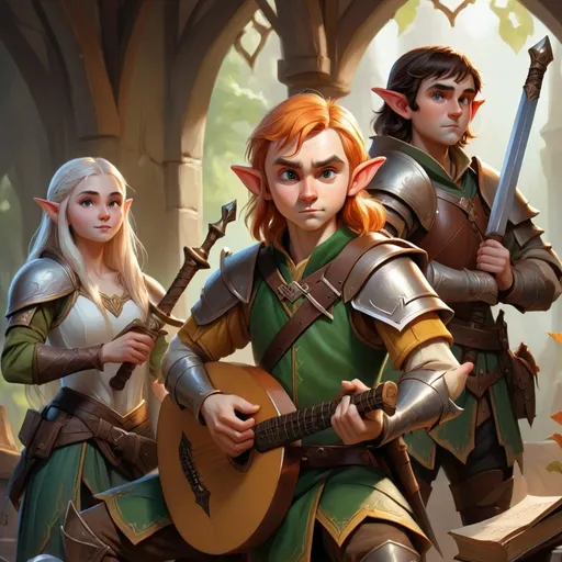 Prompt: In the center of the page is a young elf bard with a lute, a young paladin with a sword and a young female dwarf warrior, all in a figh