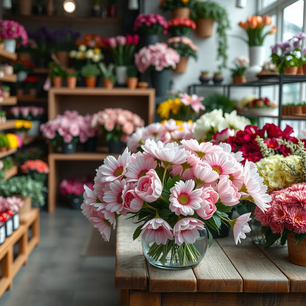 Prompt: a bouquet of pink flowers sitting on top of a wooden table in a store filled with flowers and plants, Boetius Adamsz Bolswert, lyco art, flowers, a pastel