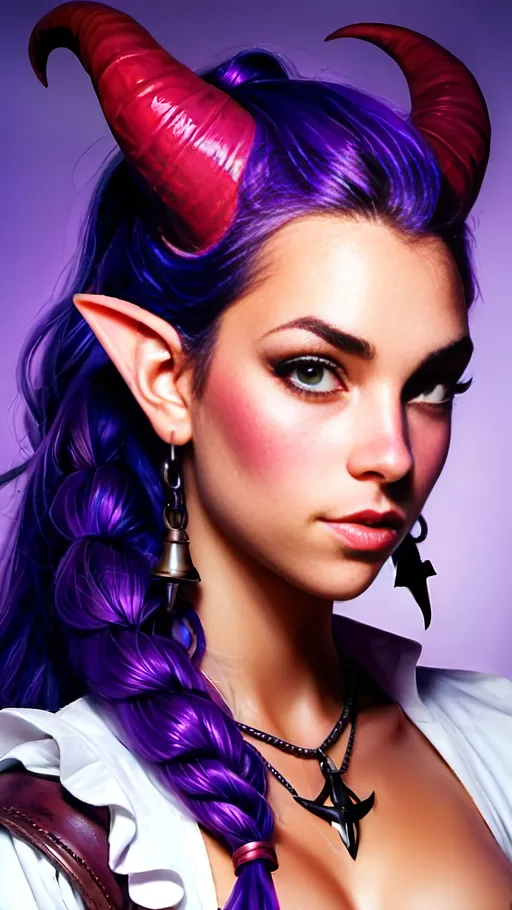 Prompt: Portrait of a beautiful tiefling woman with 1980s pirate vibe, vibrant purple hair, detailed facial features, retro style, detailed portrait, high quality, 1980s, tiefling, pirate, purple hair, detailed portrait, vibrant, retro, detailed facial features, professional, atmospheric lighting