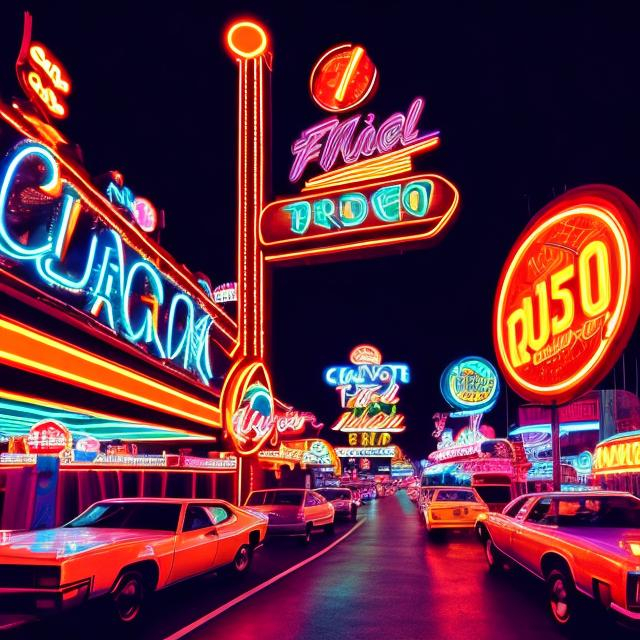 Prompt: futuristic, 70's, road, man, neon, casino, crowded