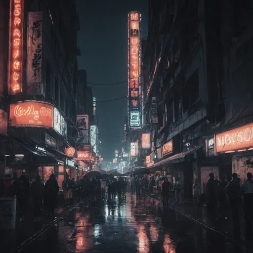 Prompt: night, city, crowded, rain, lonely, neon, neon signs, dark, cybertic, moon, 