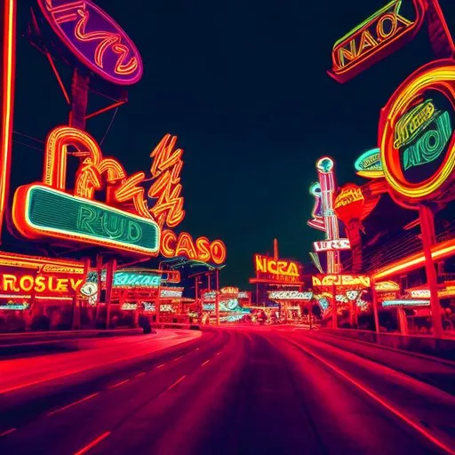 Prompt: futuristic, 70's, road, man, neon, casino, crowded