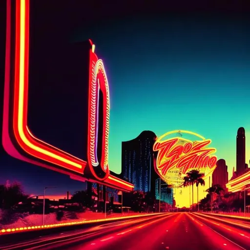 Prompt: futuristic, 70's, road, man, neon, casino, crowded, sunset