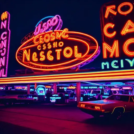 Prompt: futuristic, 70's, road, man and woman, neon, casino