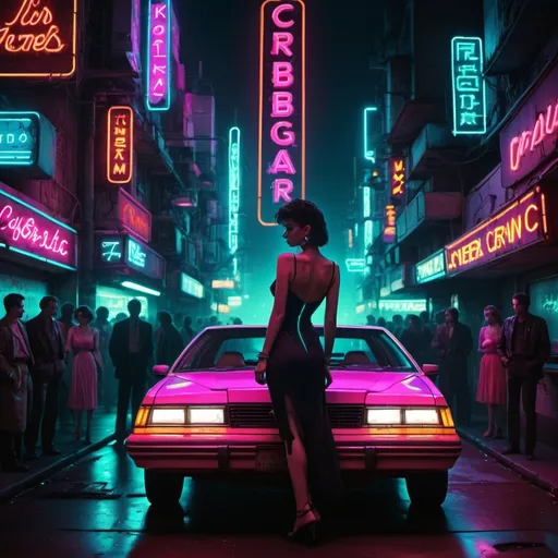 Prompt: 1980's, neon, car, dress, high quality, cybertic, city, night, dark, neon sign, cyberpunk, crowded, woman, man, romantic