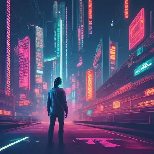 Prompt: cyberpunk, 70's, road, man, neon