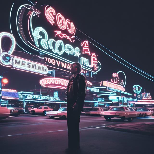 Prompt: futuristic, 70's, road, man smoking, neon, casino