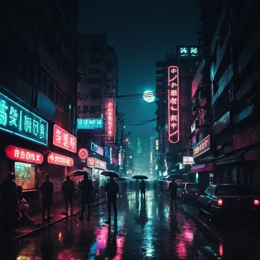 Prompt: night, city, crowded, rain, lonely, neon, neon signs, dark, cybertic, moon