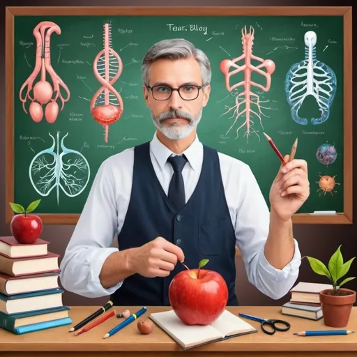 Prompt: A picture for men teacher's day with biology theme